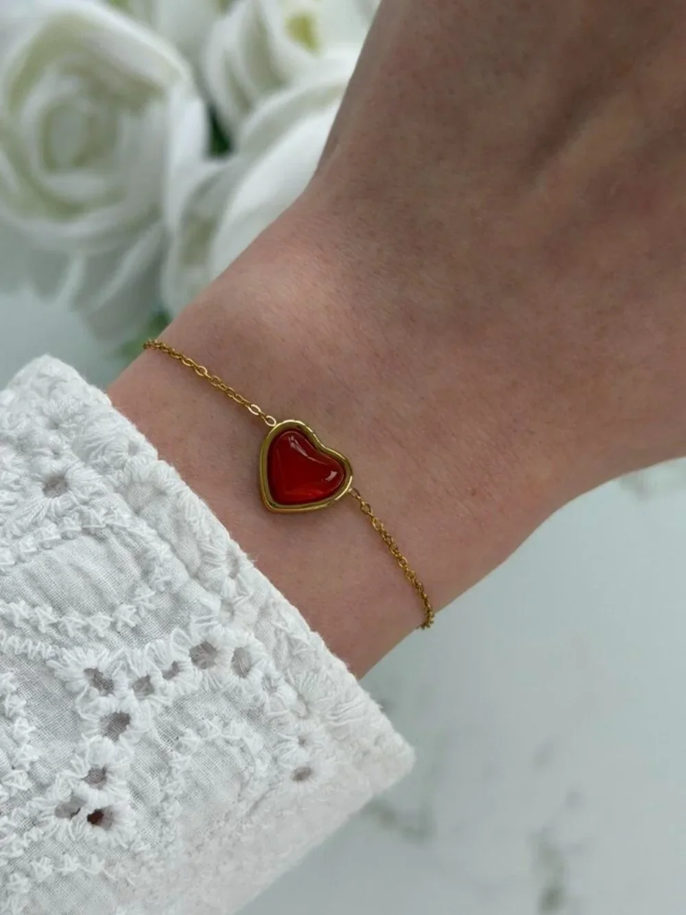 0629 Gold chain bracelet red burgundy stone pendant heart love Stainless steel